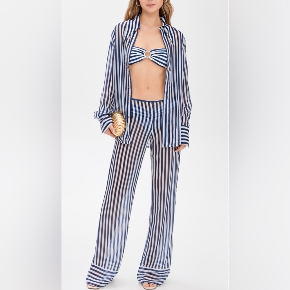 Bananhot Navy and White Striped Buttonup and Pant Set